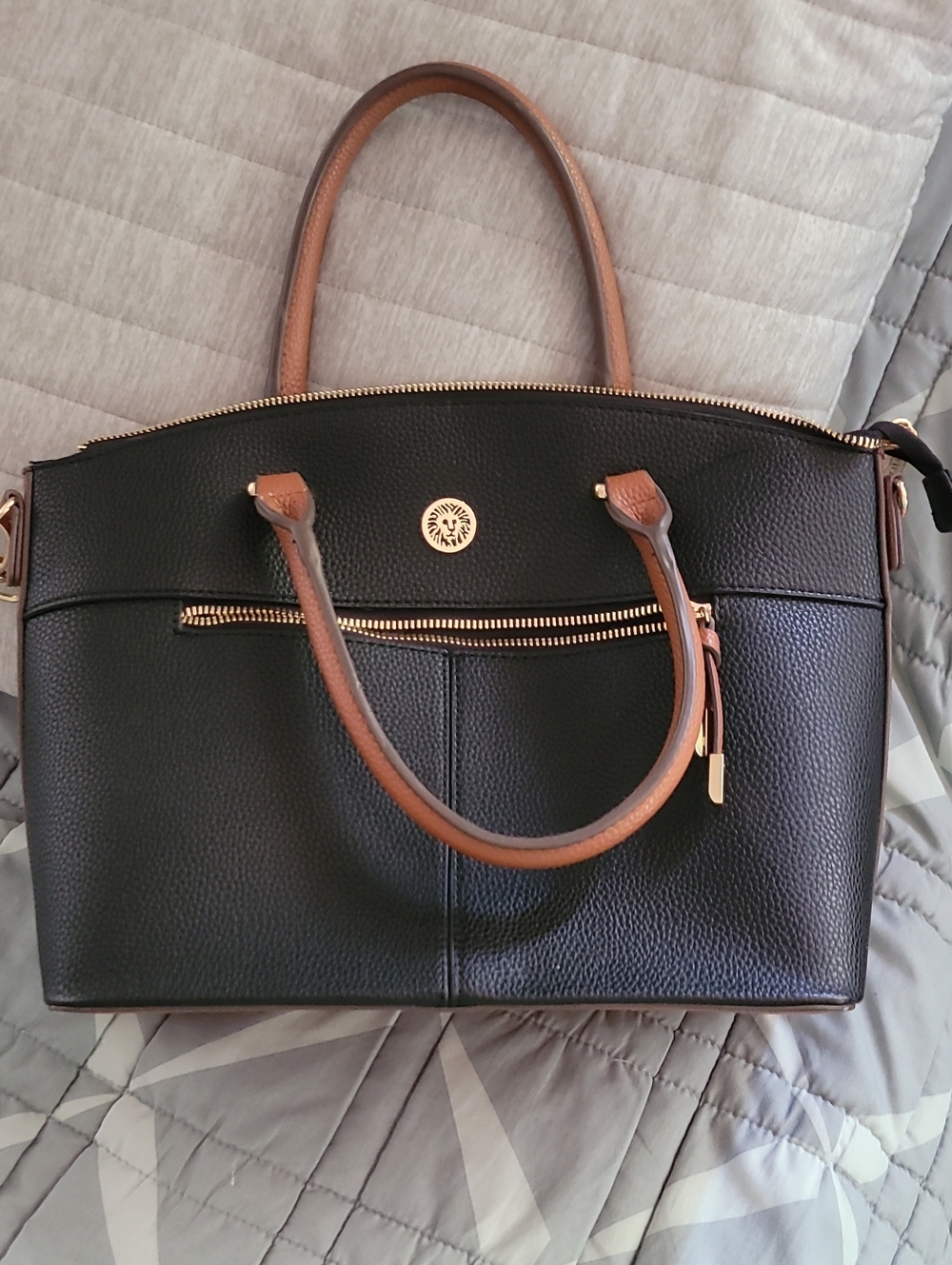 Anne Klein Black and Brown Two-Tone Leather Tote Bag - Classic Women's Handbag